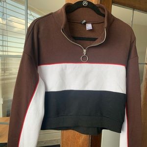 Brown striped cropped quarter zip sweater